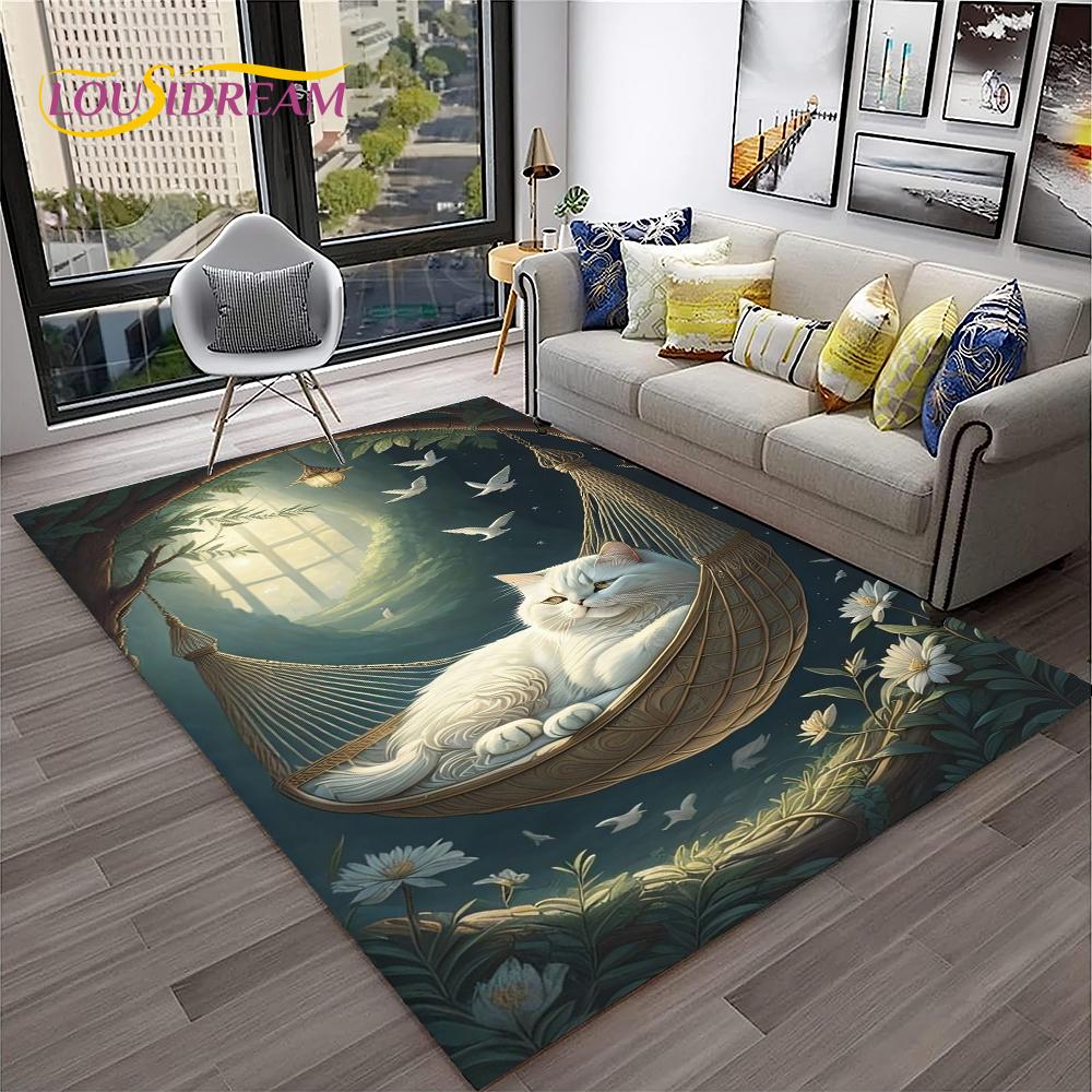 Covor de Cameră Drăguț cu Pisică și Flori Stil Desen Animat Pastoral pentru Casă Sufragerie Dormitor Canapea Preș de Intrare Decor, Covor pentru Joacă Copii Covor de Podea