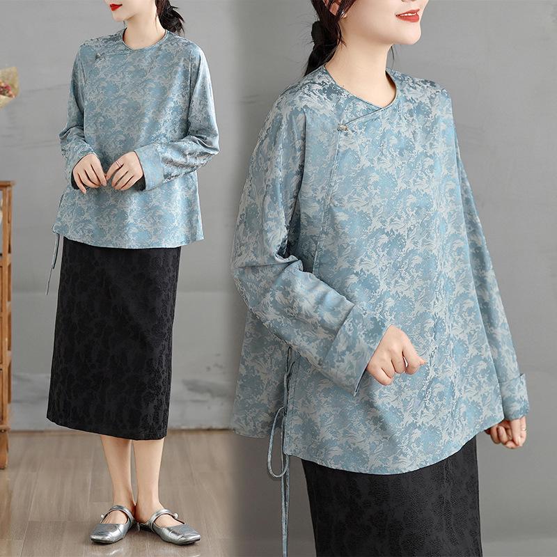 Himmelblaues Seidenjacquard-Damenhemd - 2026 Früher Frühling Chinesischer Stil