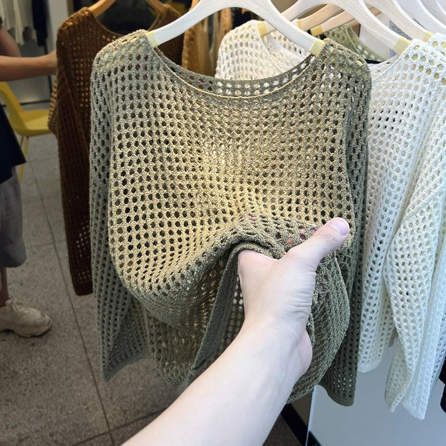Effen kleur ronde hals lange mouwen gehaakt gaas shirt dames zomer sexy pure verlangen overjas dun topje met bretels