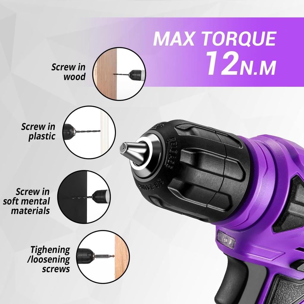 Tool Set with 8V Electric DIY Tool Power Tool Household Furniture Home Carpentry Tool Set with Convenient Storage Purple 126-Piece Drill, Set, Drill,