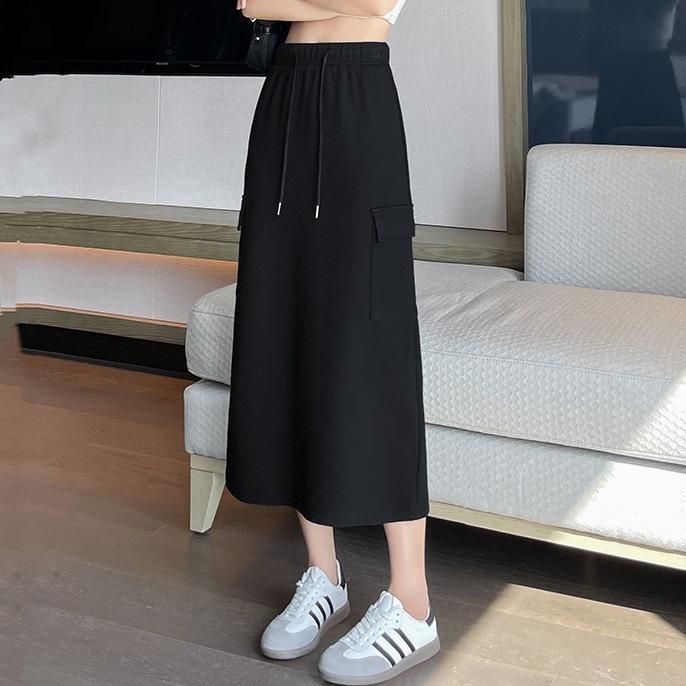 Women's High-Waisted A-Line Midi Skirt with Pockets - Versatile Casual Knit for Spring & Autumn