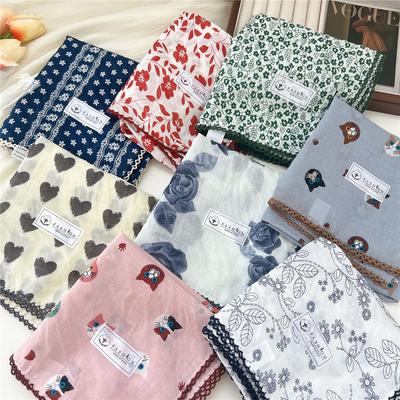 INS Cotton Linen Square Scarf Cherry Floral Print Neck Scarf Female Foulard Head Scarf Women Hijab Bandanas 68cm Square Scarf