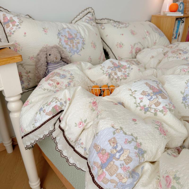 Korean French Style Hollow Lace Puff Cotton Bedding Set, Girly Duvet Cover - Available As 4-Piece or 3-Piece Set