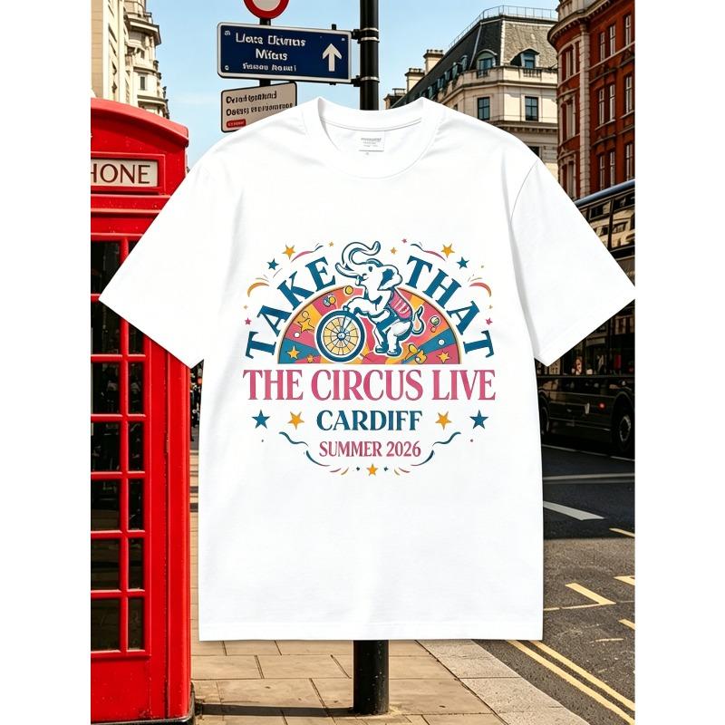 Мужская футболка Take That The Circus Live Cardiff - Мерч с культовым принтом арки сцены, свободный крой, круглый вырез, подходит для концертов S белый