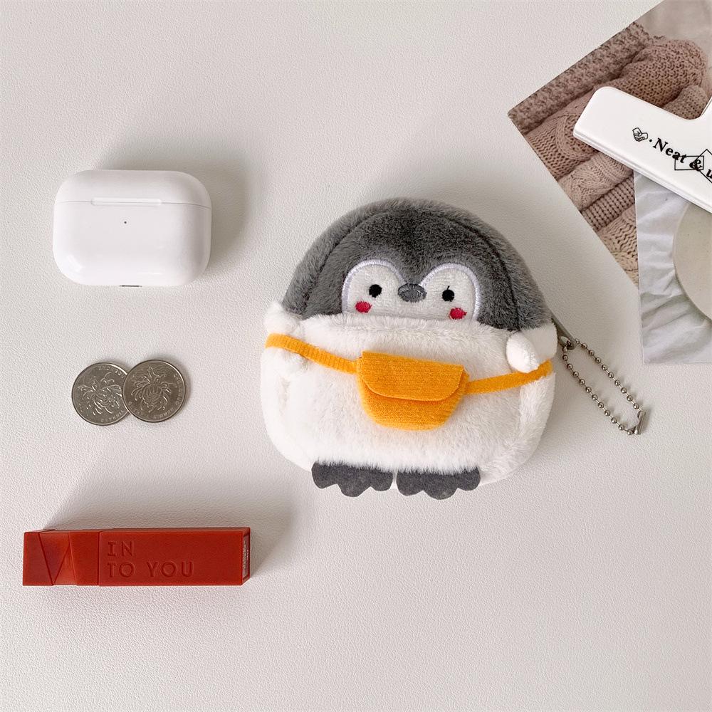 Girls' Fun Cartoon Penguin Crossbody Bag & Coin Purse – Plush Headphone Storage & Pendant Gift