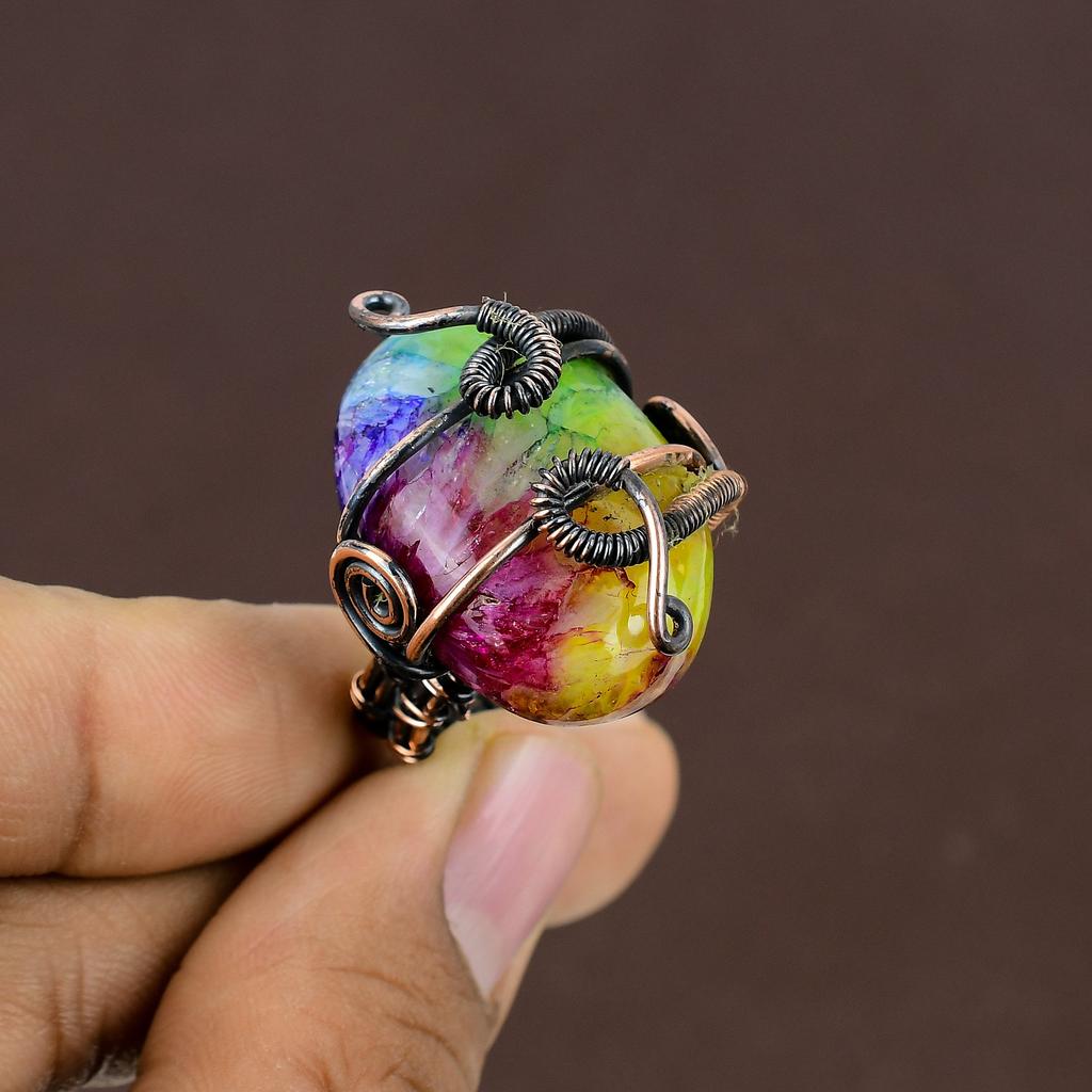 Natural Rainbow Solar Quartz Gemstone Handmade Copper Wire Wrap Ring S.7.5 P9d51
