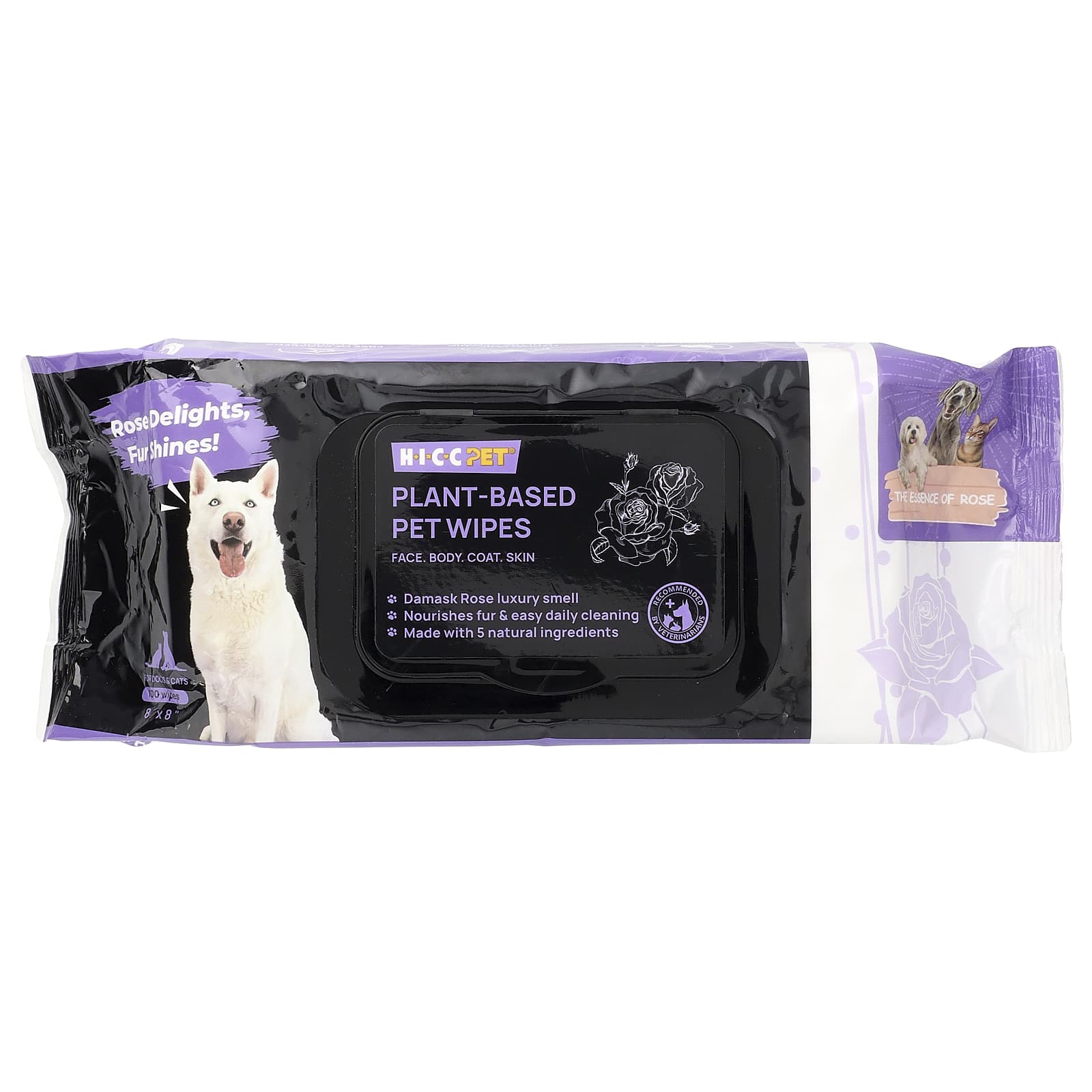 

HICC Pet, Влажные салфетки для питомцев на растительной основе, для собак и кошек, эссенция розы, 100 штук