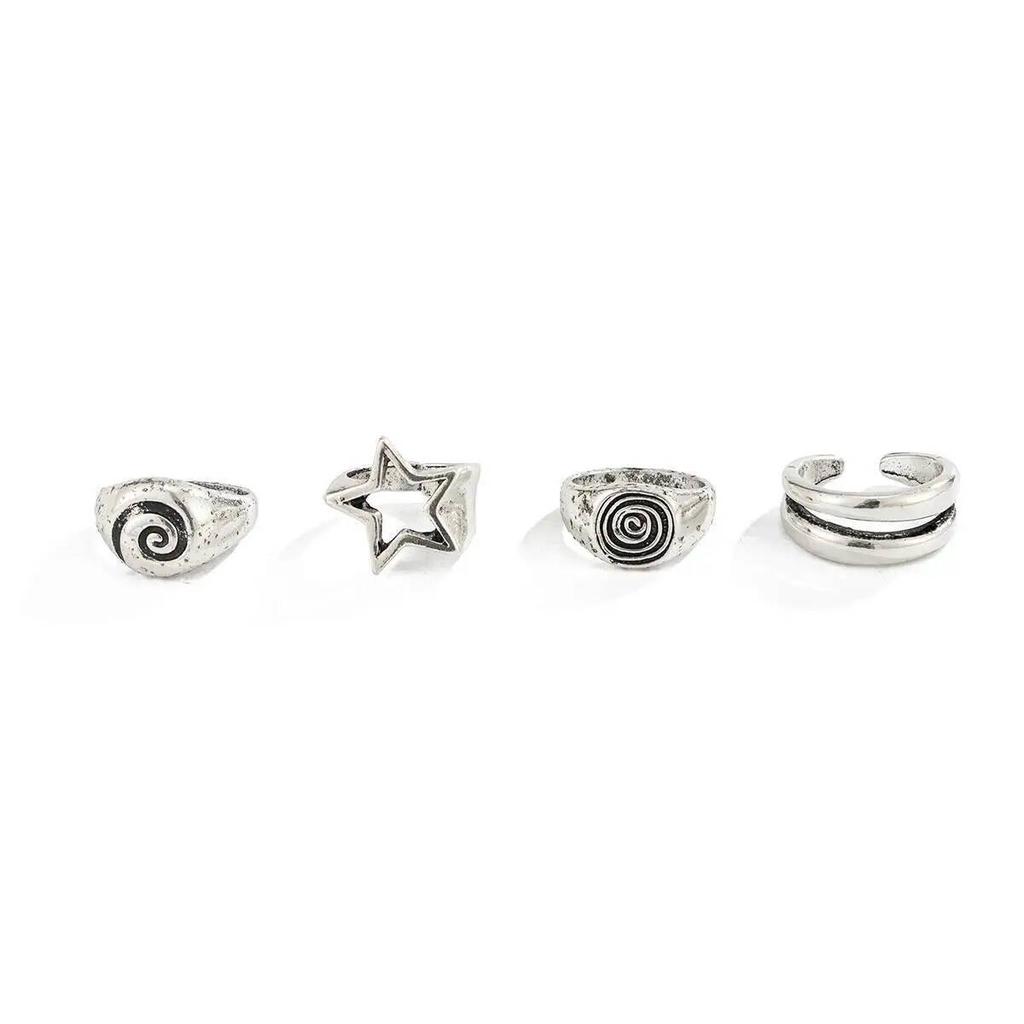 Ingemark 4Pcs/Set Punk Retro Five-Pointed Star Spiral Wide Rings Men Creative Hip-Hop Thick Finger Rings Set Steampunk Jewelry