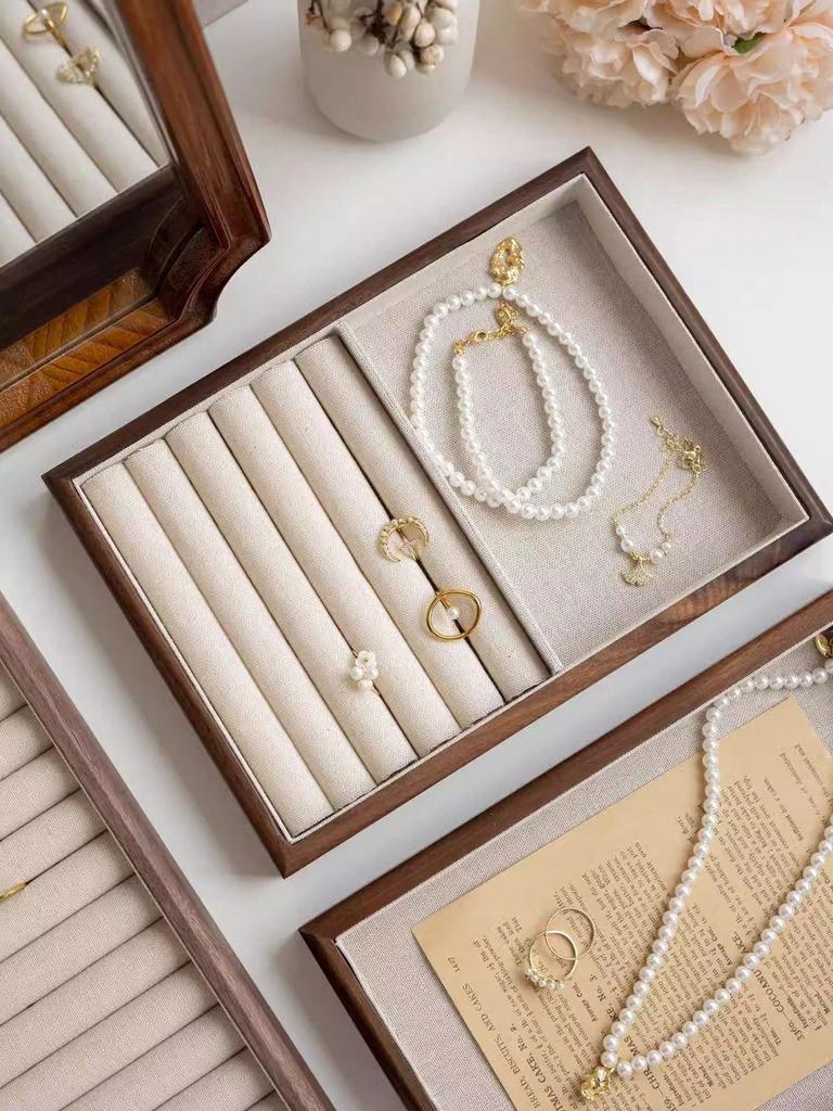 Black Walnut Linen Jewelry Display Tray for Rings