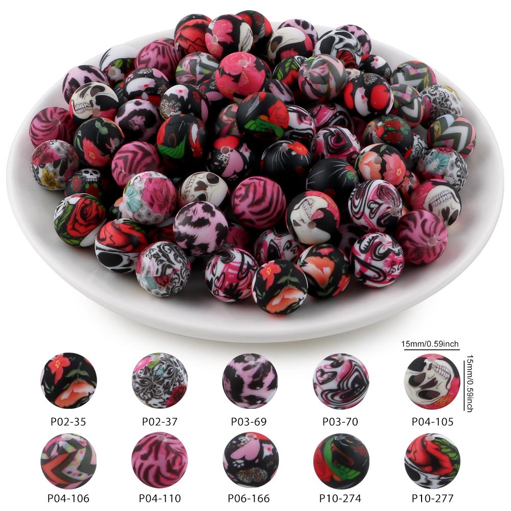 20Pcs/Bag 15MM Printed Silicone Beads Mixed For DIY Jewelry, Bracelets, Keychains, Etc