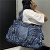 Women'S Diamond-Encrusted Washed Denim Shoulder Bag Large-Capacity Multi-Zipper Japanese And Korean Trendy Handbag