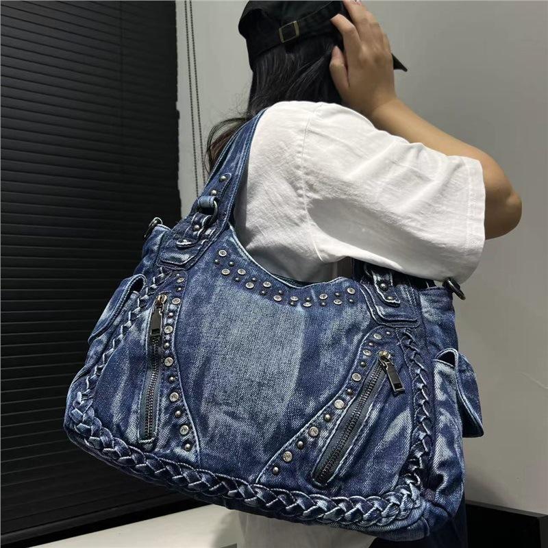 Women'S Diamond-Encrusted Washed Denim Shoulder Bag Large-Capacity Multi-Zipper Japanese And Korean Trendy Handbag