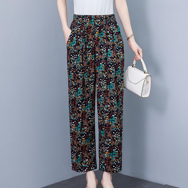 Pantalons pour femmes taille haute grande taille, pantalons amples vintage d'été, taille élastique, vêtements pour femmes d'âge moyen