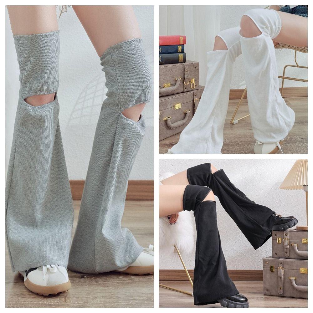 Y2k Leg Warmers Women Solid Broken Hollow Stockings Simple Bell-bottoms Socks Autumn
