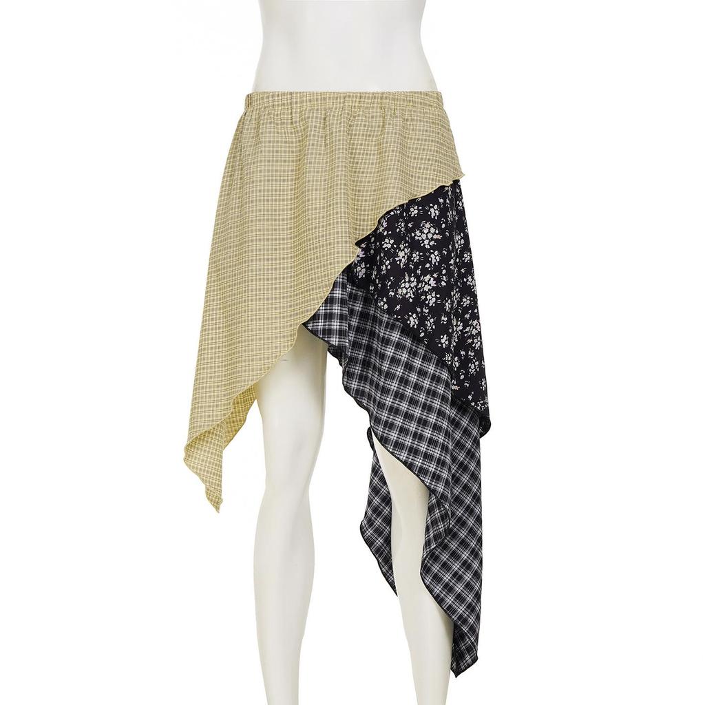 Spring/Summer Women's Low-Waist Plaid & Floral Patchwork Irregular Hem Skirt