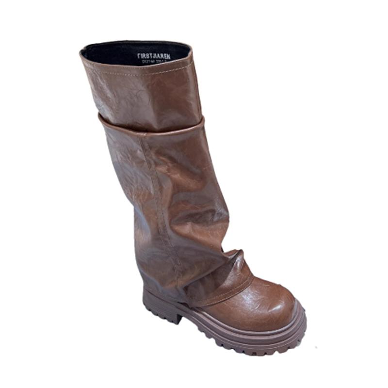 Fashion Women Platform High Boots Leather Knee High Flats Shoes Woman 2025 Trend Winter Fashion Dress Goth Retro Motorcycle Boots Mujer