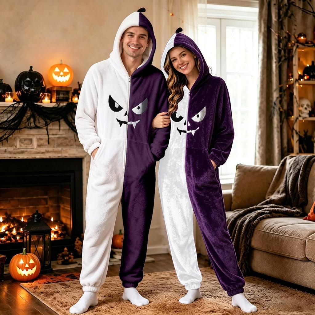 Adult Halloween Pajama Costume with Hood and Zipper Long Sleeve for Men Women