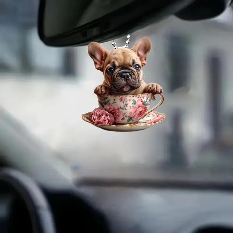 Acrylic Creative Cartoon Flat Dog Tea Cup Car Hanging Ornament For Interior Decoration