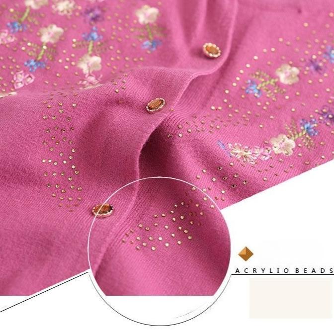Women's Round Neck Embroidered Knit Cardigan Spring Autumn Rhinestone Loose-Fit Cardigan Sweater