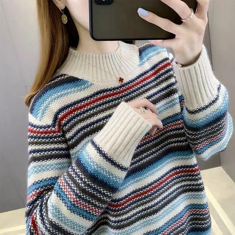 Women's Red Striped Turtleneck Sweater - Trendy, Thickened, Ideal for Autumn & Winter