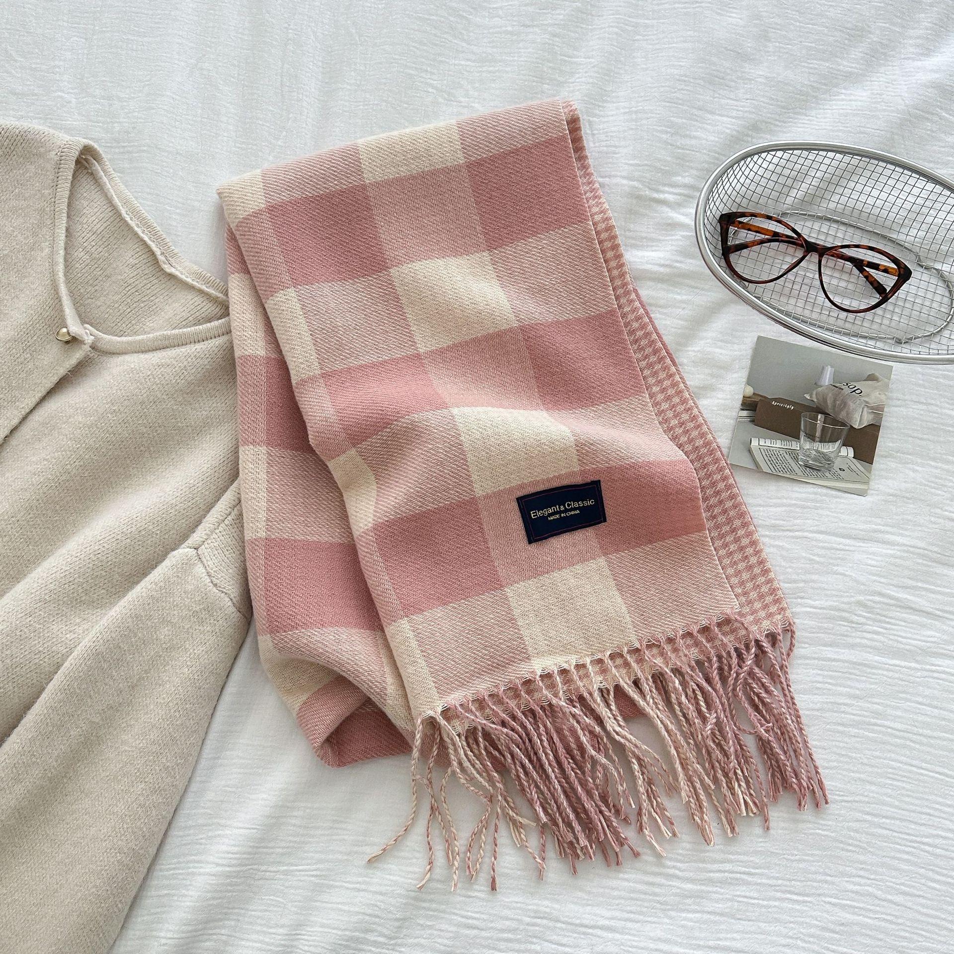 Women Preppy Style Plaid Houndstooth Knitted Scarf Headscarf Casual Tassel Scarve Mujer Foulard Wrap Shawl Winter New Korean One Size& 8Y