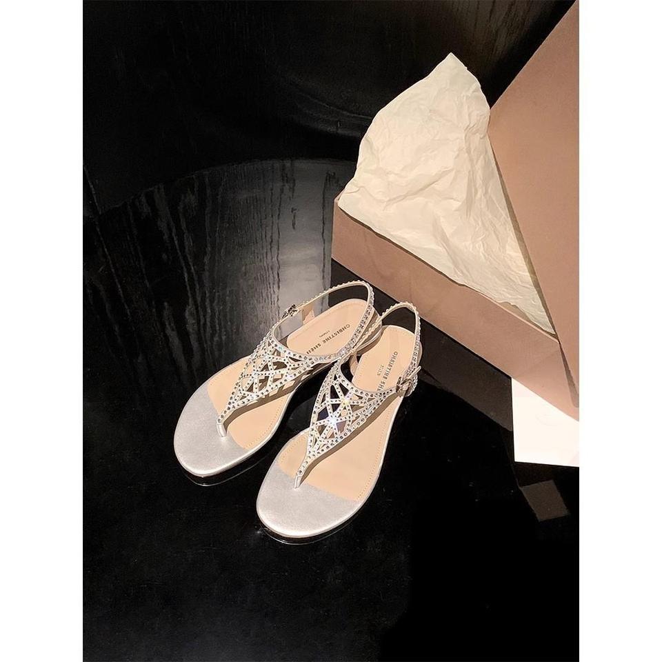 

Русалка~ Русалка стразы с открытым носком шлепанцы на плоской подошве женские 2025 лето новая мода плоская подошва шлепанцы 40 серебряный