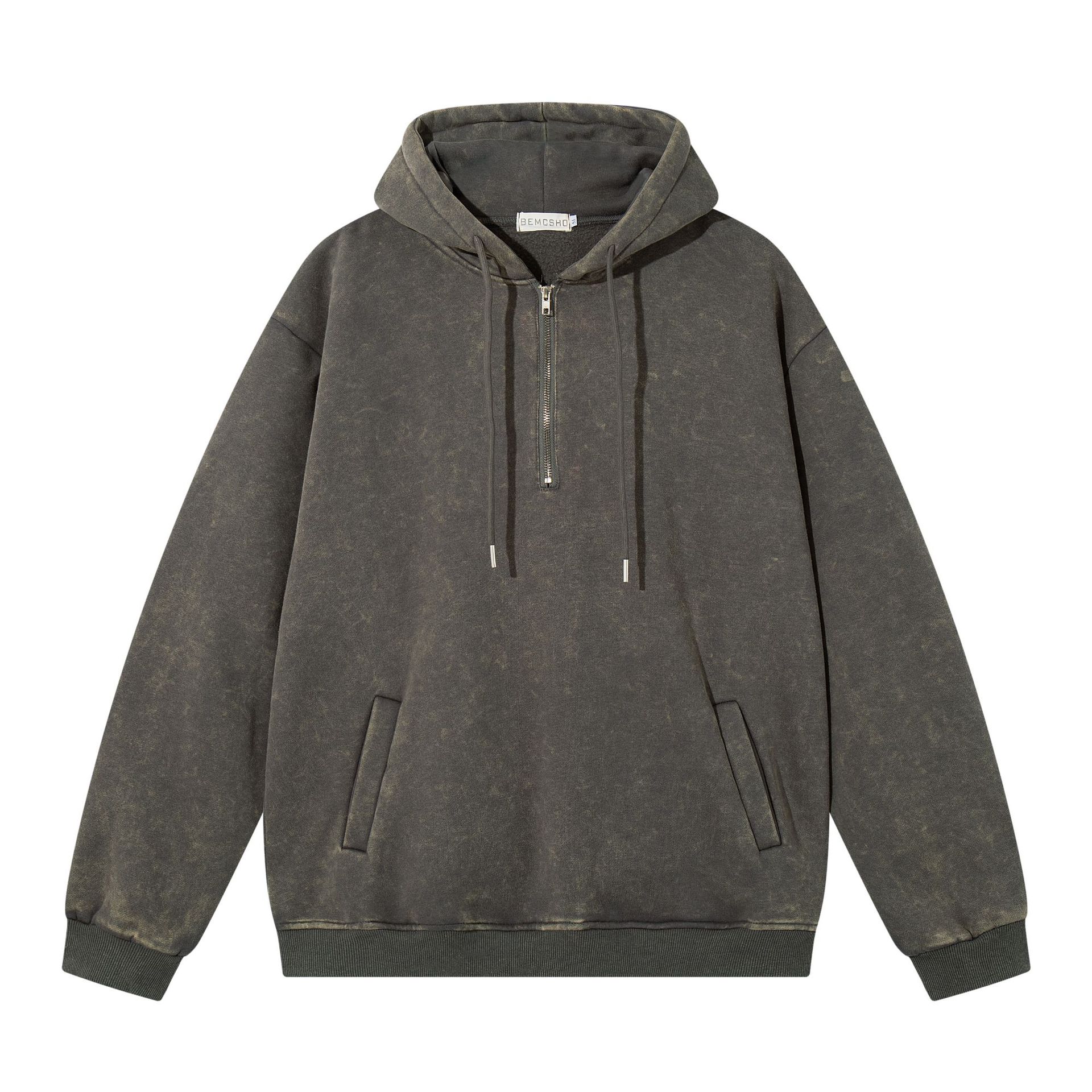 Trendy brand autumn American retro hoodie washed and old fried color hooded sweater half open neck S серый