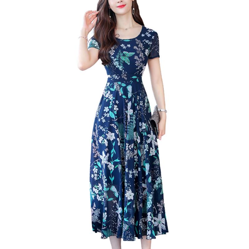 2021 Summer Women's Short-Sleeve Floral Knee-Length Dress with Round Neck