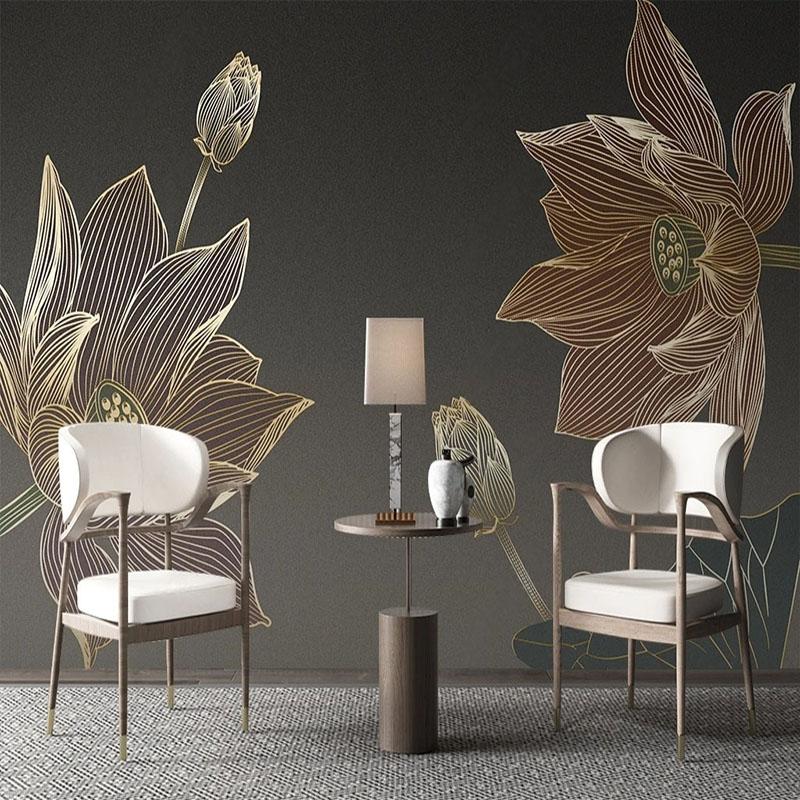 Mural Line Drawing Lotus Flowers Wallpaper Light Luxury 3D Relief Carving Mural Living Room Background Wall Paper