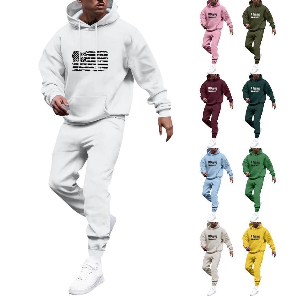 Men's Solid Color Flag Print Hooded Universal Versatile Hooded Sweatshirt Sweatpants Casual Sports Suit
