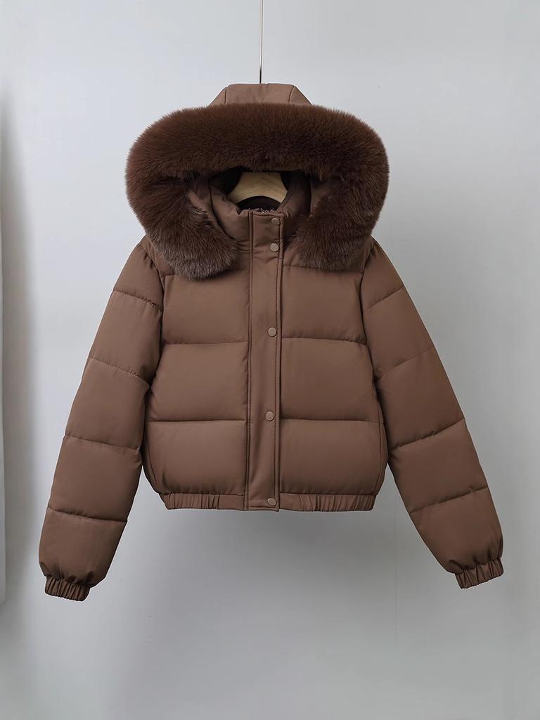 Damen Kapuzen-Pufferjacke Kunstpelzbesatz am Kragen Knopfleiste gesteppt Kurz Baumwollwattiert Mantel Unifarben Winter-Oberbekleidung