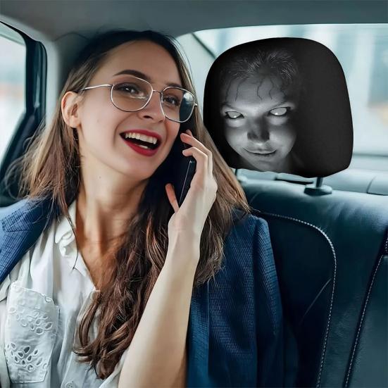 Breathable Car Seat Protector 2Pcs Universal Headrest Covers, Horror Pattern Protector, Durable Polyester Cover Stretchy Interior Accessories for All