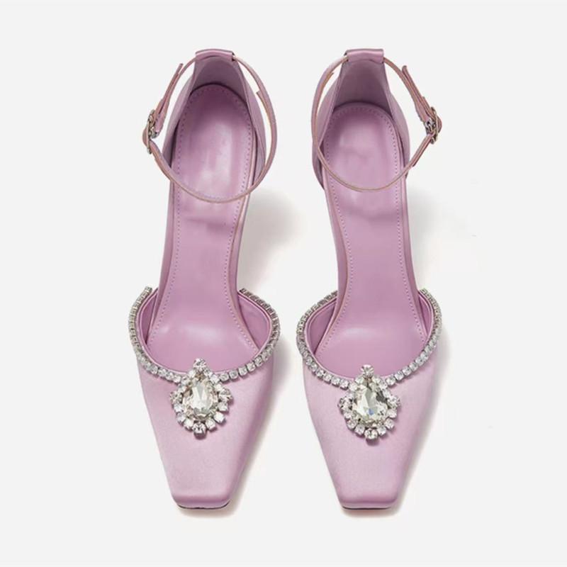 

Модные Роскошные Кристальные Стразы Атласные Женские Туфли Модные Квадратный Носок Ремешок на Щиколотке Тонкий Высокий Каблук Весна Лето Свадебные Туфли для Платья 40 розовый