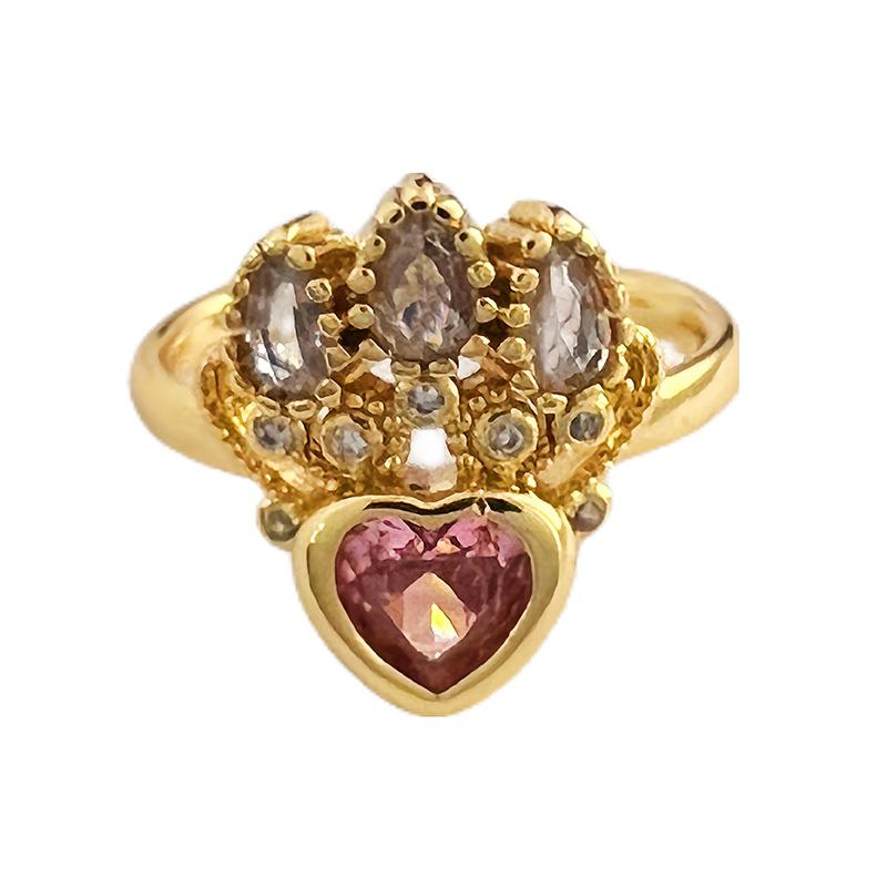 Gold Crown, Pink Zircon Love Opening Ring, Niche Design, High-End Full Diamond Ring.