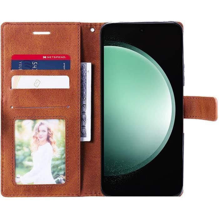 Coque de protection - BOOLING - pour Samsung Galaxy S23 FE - Rétro en Cuir PU - Marron - Porte-cartes et Support