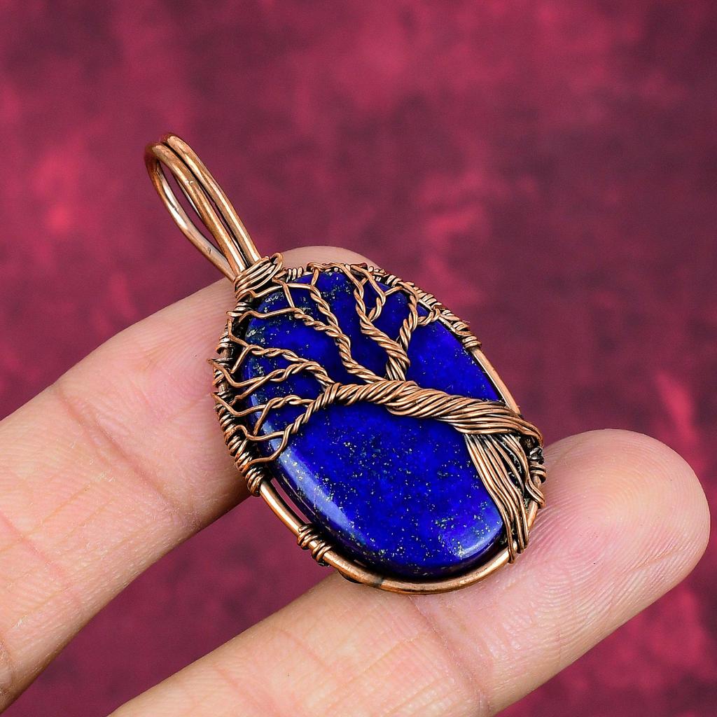 Tree Of Life Lapis Lazuli Gemstone Pendant Copper Wire Wrapped Handmade Jewelry
