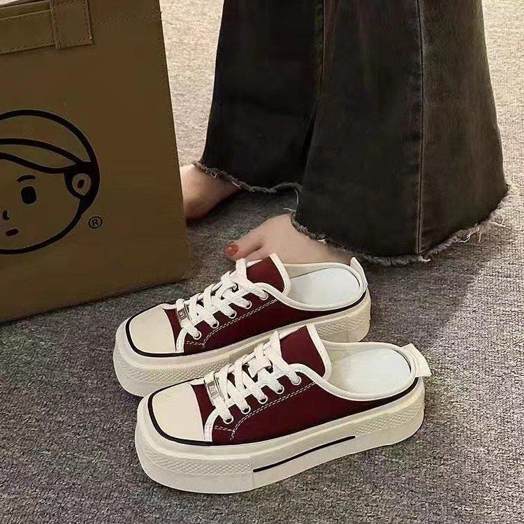 Fashion Square Toe Shoes Slippers Flat Low Slipers Women Slides Cover 2025 Soft Cotton Fabric Casual Canvas Lace-Up Spring Rome Rubber H