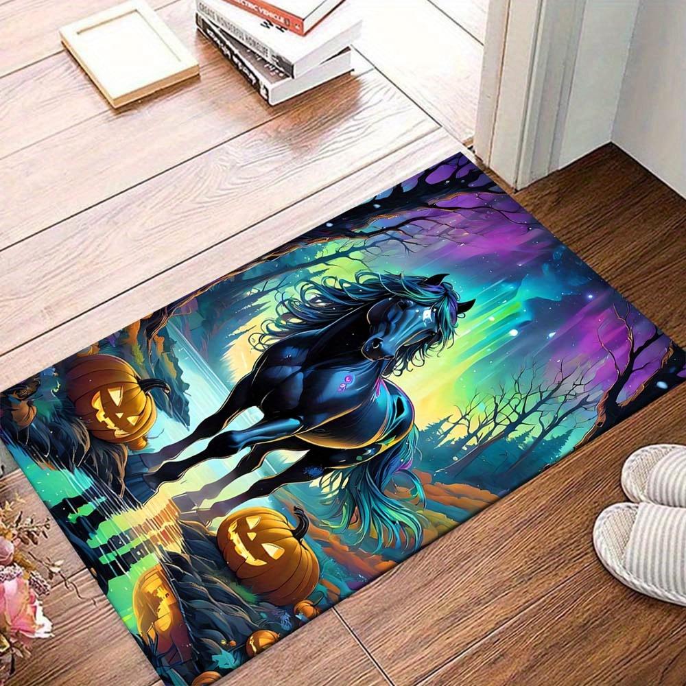 

1pc Pumpkin and Black Horse Area Rug, Slip-Resistant, Easy-Clean, Stain-Resistant, Perfect for Cozy Living Rooms, Bedrooms, Kitchens, Office 60cm by 90cm