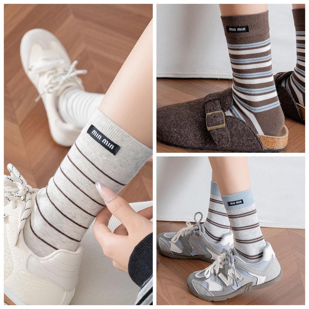 Damen Gestreifte Mid-Calf Socken - Frühling/Herbst Baumwolle, Miu Stil, Koreanisch & Japanisch Sport Kniehoch Trend