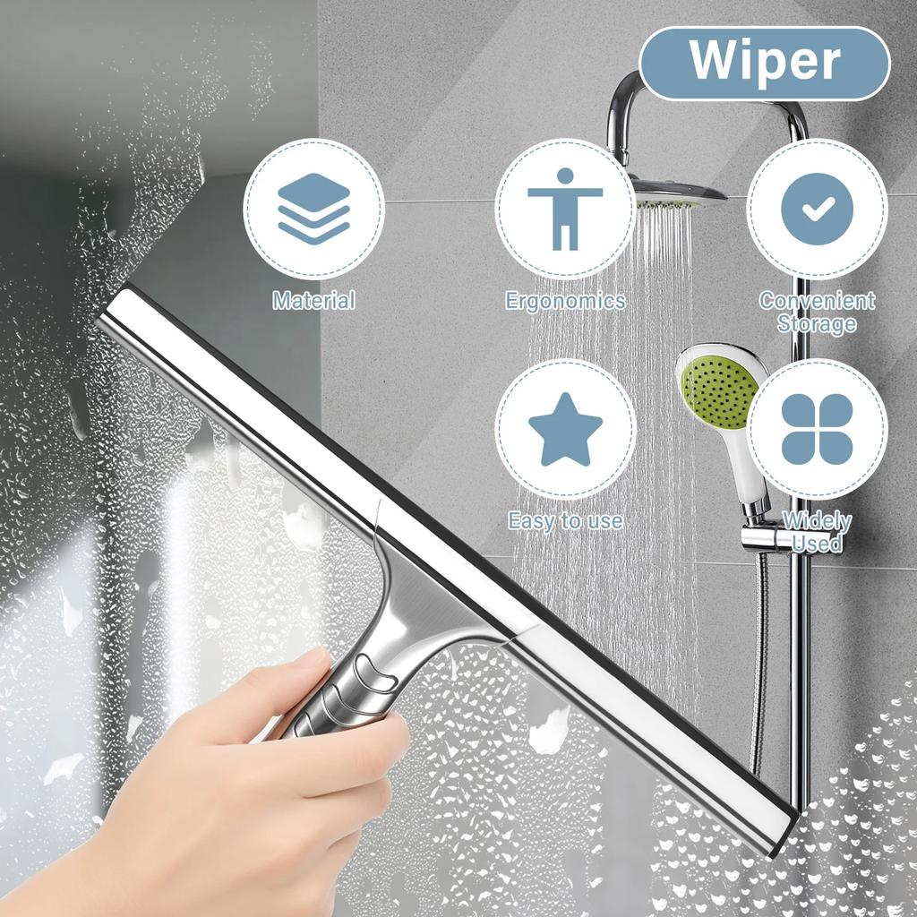 Shower Squeegee with Hook Silicone Strip Stainless Steel Glass Window Cleaner Household Bathroom Mirror Window Silicon scraper