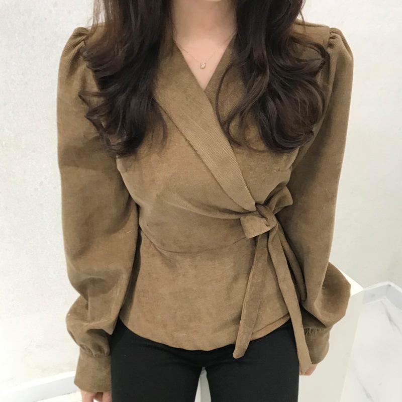 Korean chic autumn French retro suit collar side lace-up waist thin solid color bubble sleeve shirt top