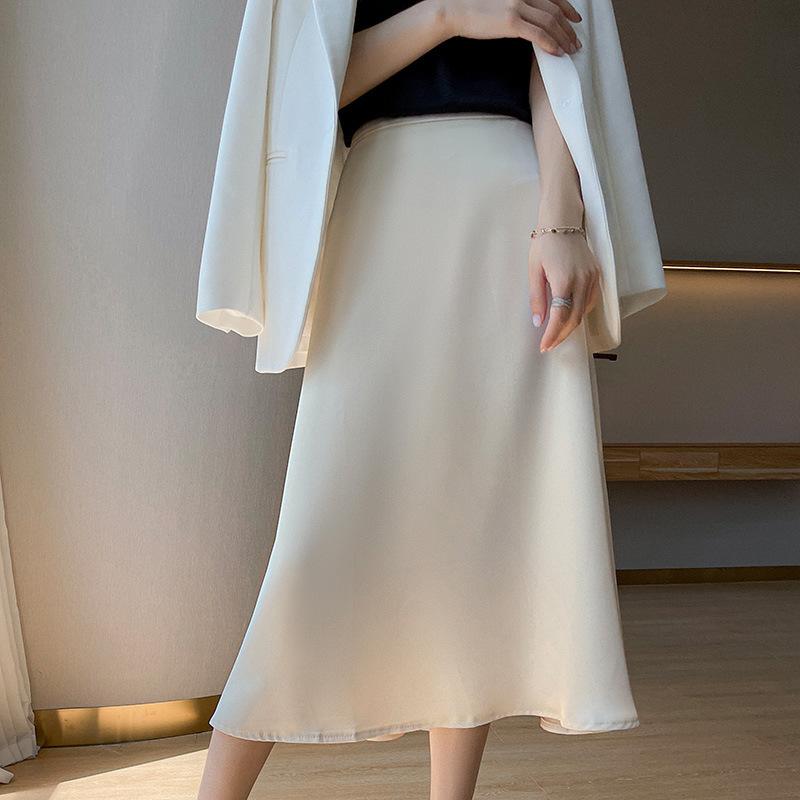 Jarní a letní hedvábná polodlouhá sukně pro ženy, jednobarevná deštníková sukně s vysokým pasem, dlouhá sukně, tenká sukně