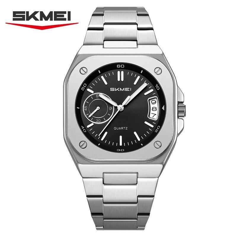 Mens Analog Quartz Wrist Watch Waterproof Luminous Dial Calendar Window Steel Band Square Dress Watches