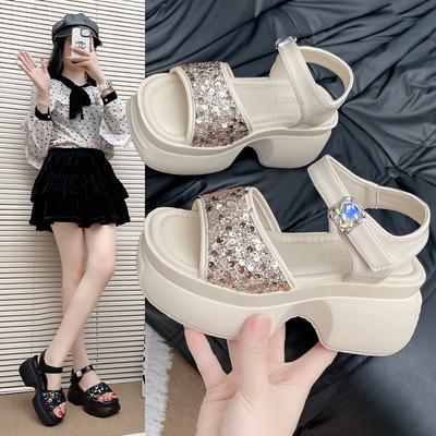 Sandales d'été Chaussures à semelles épaisses à paillettes pour femmes 2025 Été Nouvelle mode Polyvalentes avec boucle en diamant Talons hauts pour dames