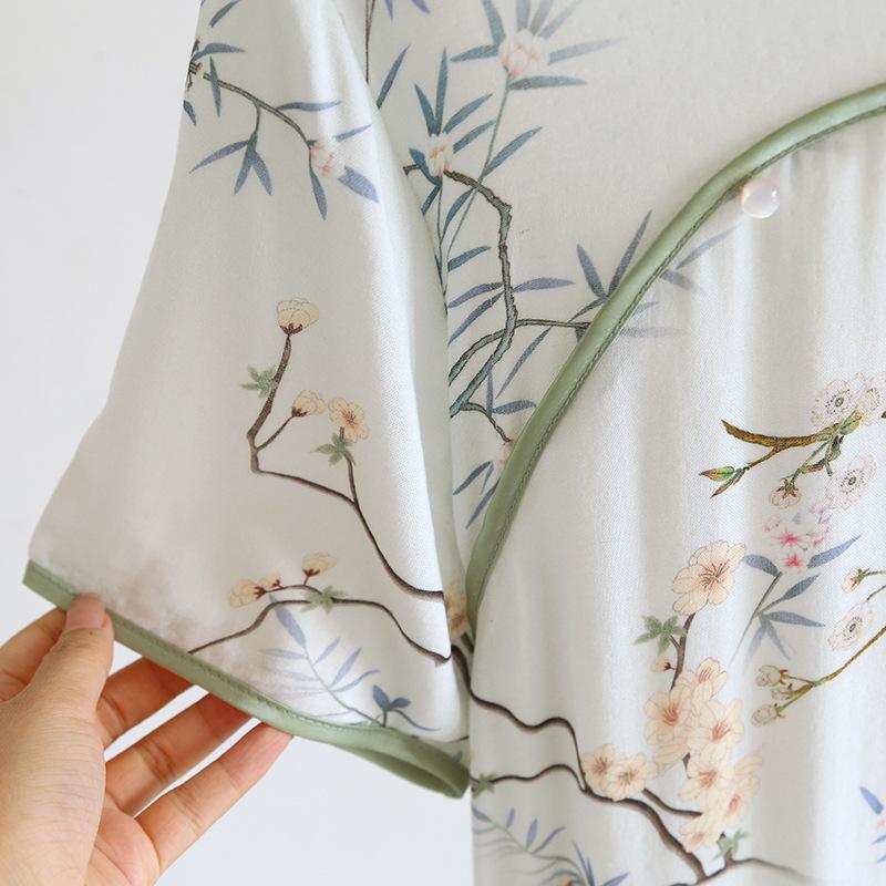 2026 Summer New Women's Sleeping Skirt Chinese Bamboo Fiber Short Sleeve Skirt Large Chinese Style Home Furnishing Skirt