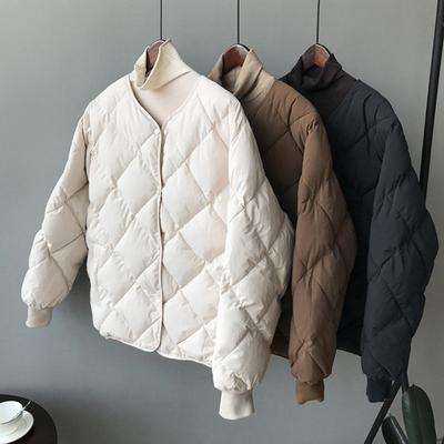 Winter Daunenmantel mit Taschen Gepolsterter V-Ausschnitt Rautennähte Reißverschluss Winddicht