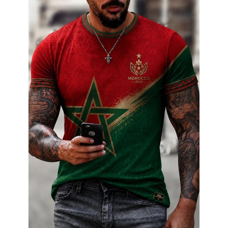 Bobby3 Marokko 2026 Thuis Voetbalshirt Rood Islamitisch 3D Print Korte Mouw Voetbalshirt Arabische Letter Print Fan Sport T-shirt Top M