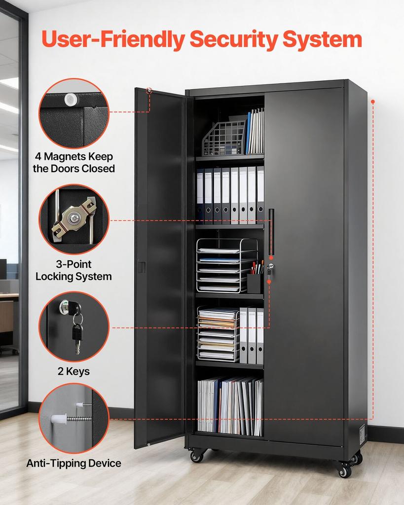 Metal Storage Cabinet, 179.5 cm Rolling Steel Garage Cabinet with Adjustable Shelves, 2 Magnetic Doors, Hanging Rod & 3 Rod Hooks, 5 Tiers Lockable