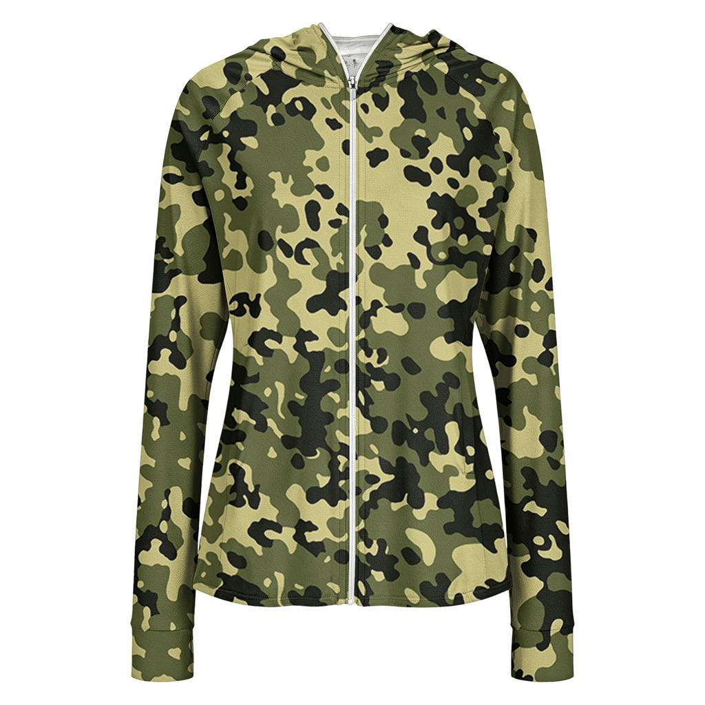 Damen Hoodie mit durchgehendem Reißverschluss, langen Ärmeln, Camouflage-Print und Fronttaschen, leichte Freizeit-Sonnenjacke