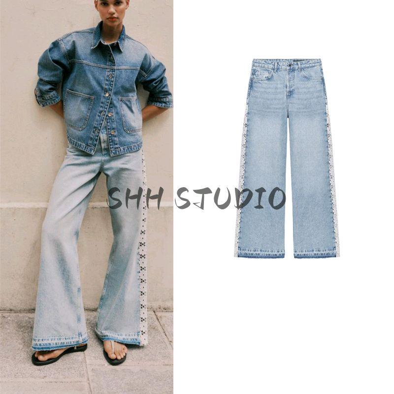 Autumn New Women's Clothing Minimalist Style Stripes with Decorative Crochet Patchwork High Waist Wide Leg Denim 1889153